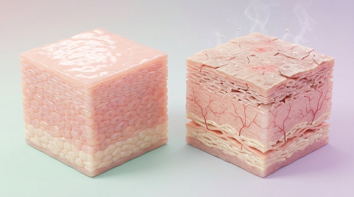 Mô phỏng 3D hàng rào bảo vệ da: lớp tế bào sừng như gạch, lipid như vữa, chỗ lành và chỗ bị nứt