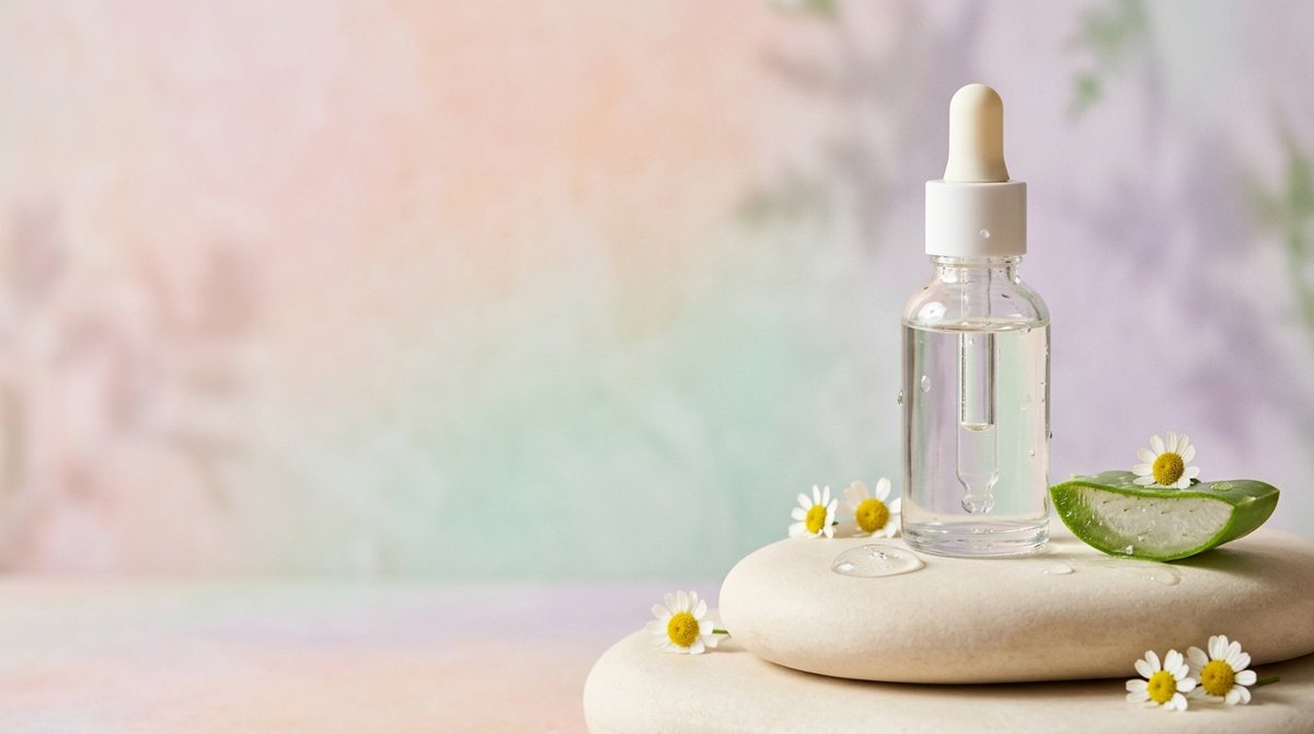Mô phỏng 3D lọ serum cấp nước với giọt nước, lá nha đam và hoa cúc trên nền pastel